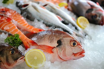 Fresh seafood on ice, variety of fish, including prawns, mussels, squid, arranged in colorful display. Freshness evident in vibrant colors, textures of seafood. Close-up view of catch, quality,