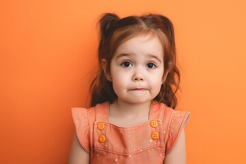 Little girl with bright orange background. Emotional, excited, surprised expression on face. Wears casual attire, healthy, vibrant hair. Caucasian child in happy mood, personality.