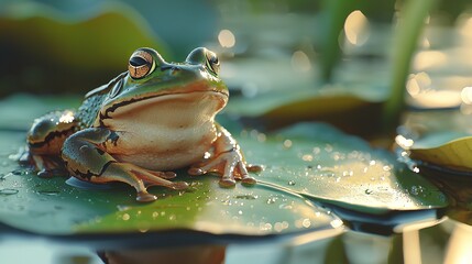 Wall Mural -   A frog perched atop a floating leaf, surrounded by rippling water