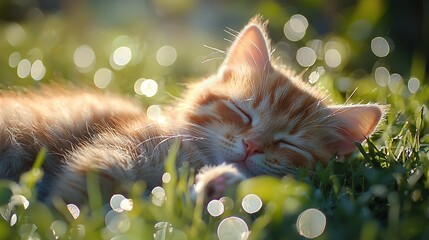 Poster -   A cat napping on grass with eyes closed and head resting on side