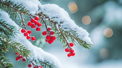 Canvas Print -   A snow-covered tree branch with red berries and a lighted boke in the background