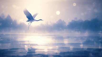 Wall Mural -   Bird flying over water with trees in background, sun shining through fog