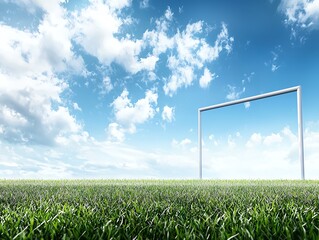 A soccer goal on a lush green field under a vibrant blue sky with scattered clouds, capturing a beautiful and serene outdoor scene.