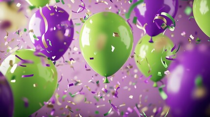 Poster -   Purple and green backdrop with a sea of balloons and confetti