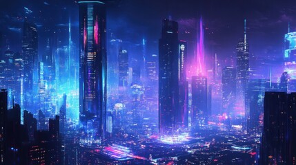 Canvas Print - Futuristic Cityscape with Neon Lights