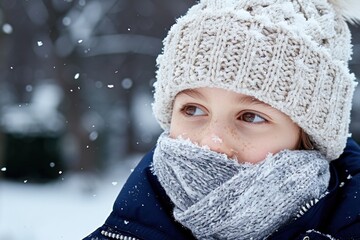 Child in warm winter clothing watching snowfall in a snowy forest