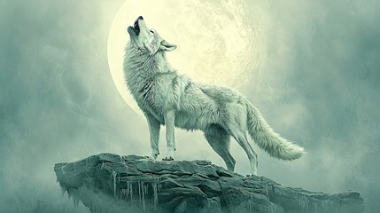 Wall Mural -   A wolf perched atop a rock, bathed in the glow of the full moon, with icy formations adorning its visage