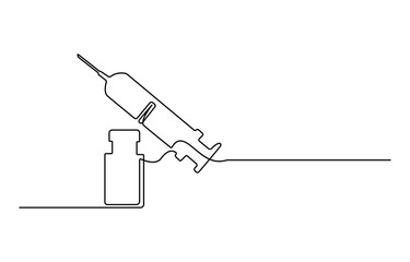 Wall Mural - Medical syringe and bottle with liquid drug in continuous one line drawing vector illustration, Medical syringe and bottle with liquid drug in continuous line art drawing style. Treatment, 