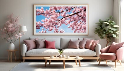 Wall Mural - Chic contemporary living room featuring a sleek sofa and artistic tree-themed wall decor