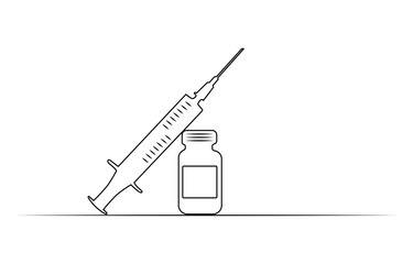 Wall Mural - Medical syringe and bottle with liquid drug in continuous one line drawing vector illustration, Medical syringe and bottle with liquid drug in continuous line art drawing style. Treatment, 