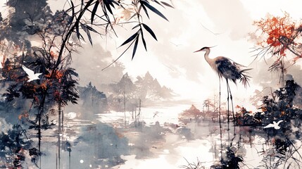 Wall Mural -   A stunning portrait of a majestic bird perched atop a serene lake, surrounded by lush foliage and fellow avian companions