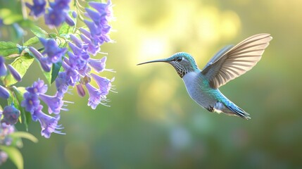 Poster -  Hummingbird near vibrant purple flowers & green foliage, soft-focus background of purples