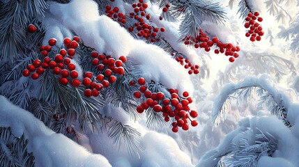 Poster -   A snow-covered tree with red berries hanging from its branches