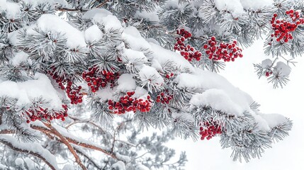 Sticker -   Pine branches under snow, adorned with red berries