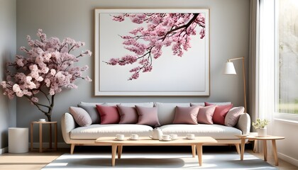 Wall Mural - Chic contemporary living room featuring a sleek sofa and artistic tree-themed wall decor