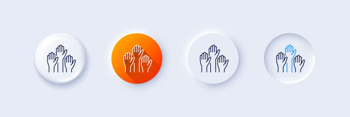 Poster - Voting hands line icon. Neumorphic, Orange gradient, 3d pin buttons. People vote by hand sign. Public election symbol. Line icons. Neumorphic buttons with outline signs. Vector