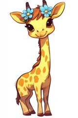 Wall Mural - Cute Cartoon Giraffe with Flower Crown