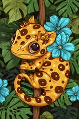 Canvas Print - Cute Cartoon Gecko Climbing a Branch in a Jungle