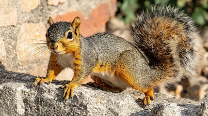 Poster -   A squirrel perched atop a boulder beside a mound of soil and a heap of stones behind it