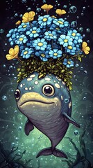 Poster - Cute Dolphin with Flowers on its Head