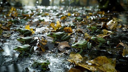 Wall Mural -   A group of leaves wet with rainwater spread out on the ground