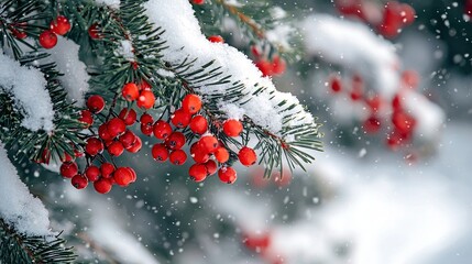 Sticker -   A close-up of a pine tree with red berries against a snowy backdrop, featuring a dusting of snow on the branches