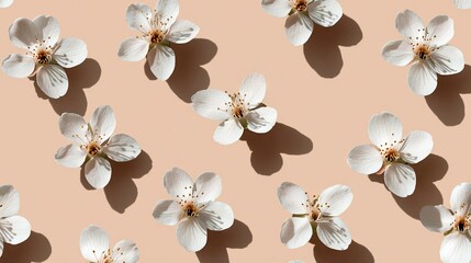 Poster -   A cluster of white blooms resting beside one another on a pink background, casting a reflection onto the adjacent wall