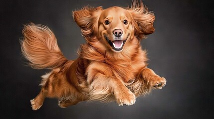 Canvas Print -   A dog jumps in air with front paws raised, hair blowing wind