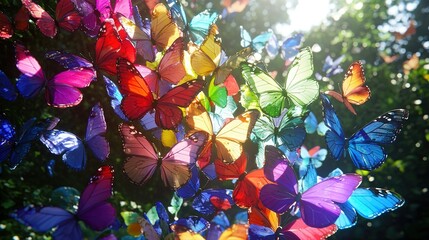 Wall Mural -   A group of colorful butterflies fly in the sky amidst sunbeams filtering through tree leaves in the background