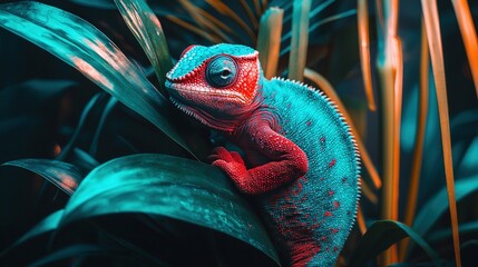 Canvas Print -   A red and blue chameleon is perched on top of a green leafy plant, facing a blue sky