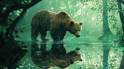 Sticker -   A giant tawny bear stands in a forest overlooking a tranquil body of water, reflecting its majestic visage in the mirror-like surface