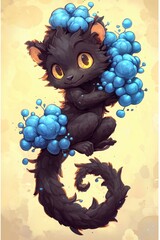 Poster - Cute Black Furry Creature with Blue Bubbles