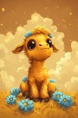 Canvas Print - Cute Cartoon Lamb Sitting in a Field of Blue Flowers