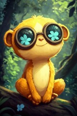 Canvas Print - Cute Cartoon Monkey with Goggles and Flowers