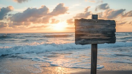 Wall Mural - Wooden sign post on beach with blurred background of ocean waves and sunset.