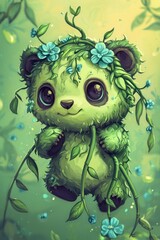 Sticker - Adorable Green Panda Cub with Flowers