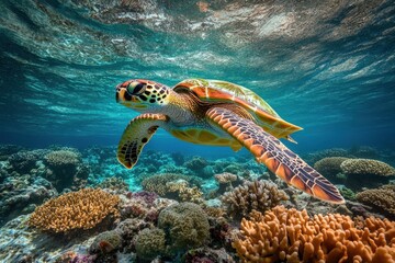 South Pacific: Green Sea Turtle Swimming Amongst Coral in the Underwater World of New Caledonia