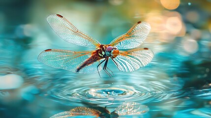 Wall Mural -   A close-up of a dragonfly hovering above water with a droplet in focus