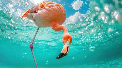 Poster -   A Flamingo Stands in Water