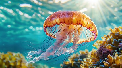 Wall Mural -   A sunburst appears behind the close-up of a jellyfish floating in water