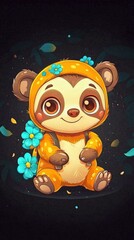 Adorable Cartoon Sloth with Flowers