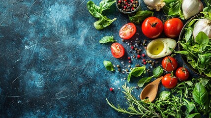 Poster -   Fresh vegetables arranged on a blue surface with a wooden spoon in the center of the photo