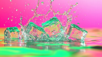 Poster -   A cluster of frozen chunks surrounded by water cascading onto a pastel backdrop