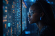 © Visual Craft - AI cyber security threat illustration, Black African American female IT specialist analysing data