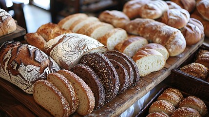 Poster -   Breads and pastries arranged on a wooden tray