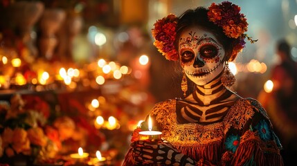 Traditional Catrina holding glowing candles, surrounded by altars on the Night of the Dead festivities