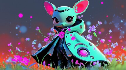 Wall Mural - Cute Fantasy Creature in a Flower Field