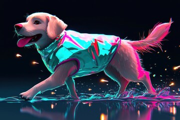 Wall Mural - Golden Retriever Running Through Neon Lights