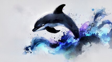 Poster - Dolphin Leaping Through Watercolor Waves