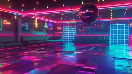 Sticker - Empty retro-futuristic disco dance floor with a disco ball hanging from the ceiling.